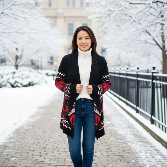 LAUREN Ralph Lauren NWT Black Red & White Christmas Shaw Collar Sweater Large - Picture 2 of 7